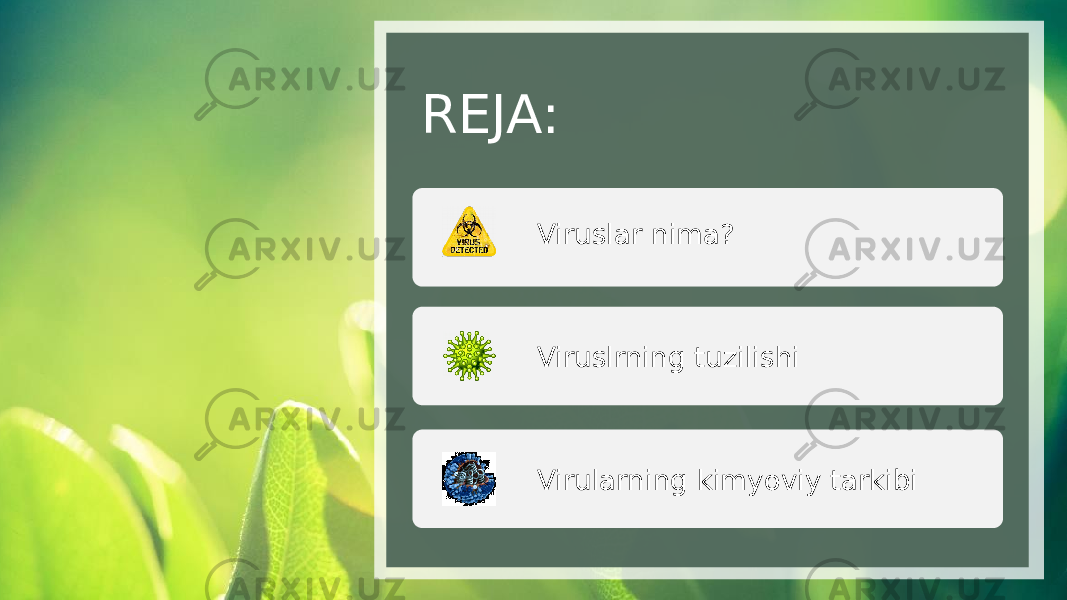 REJA: Viruslar nima? Viruslrning tuzilishi Virularning kimyoviy tarkibi 