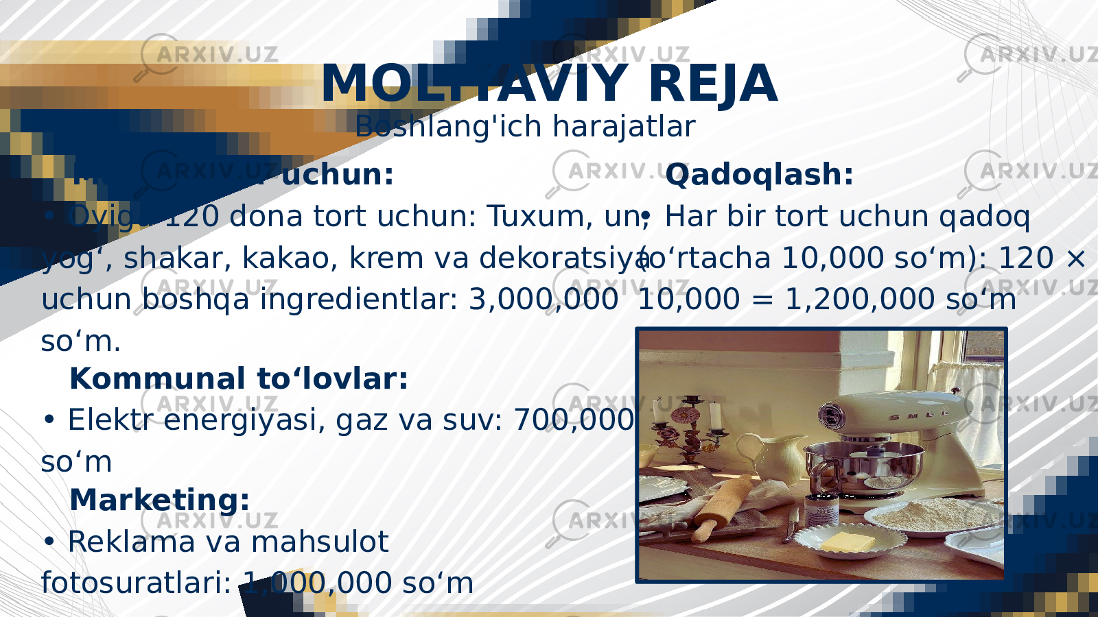 MOLIYAVIY REJA Mahsulotlar uchun: • Oyiga 120 dona tort uchun: Tuxum, un, yog‘, shakar, kakao, krem va dekoratsiya uchun boshqa ingredientlar: 3,000,000 so‘m. Qadoqlash: • Har bir tort uchun qadoq (o‘rtacha 10,000 so‘m): 120 × 10,000 = 1,200,000 so‘m Kommunal to‘lovlar: • Elektr energiyasi, gaz va suv: 700,000 so‘m Marketing: • Reklama va mahsulot fotosuratlari: 1,000,000 so‘m Boshlang&#39;ich harajatlar 