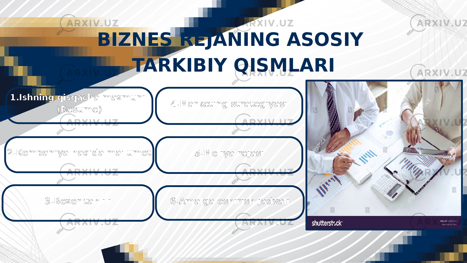 1.Ishning qisqacha mazmuni (Resume) 2.Kompaniya haqida ma&#39;lumot 3.Bozor tahlili 5.Moliya rejasi4.Marketing strategiyasi 6.Amalga oshirish jadvaliBIZNES REJANING ASOSIY TARKIBIY QISMLARI 