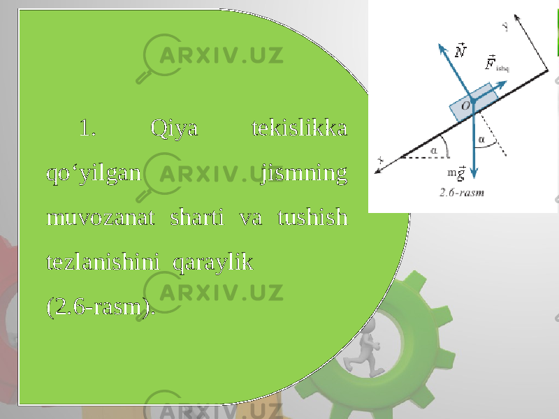 1. Qiya tekislikka qo‘yilgan jismning muvozanat sharti va tushish tezlanishini qaraylik (2.6-rasm). 