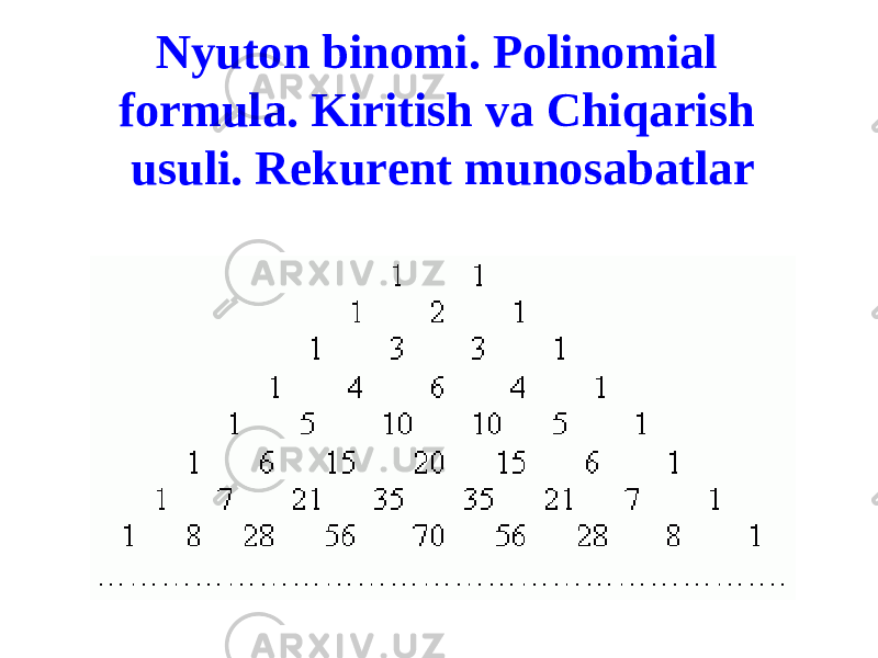 Nyuton binomi. Polinomial formula. Kiritish va Chiqarish usuli. Rekurent munosabatlar 