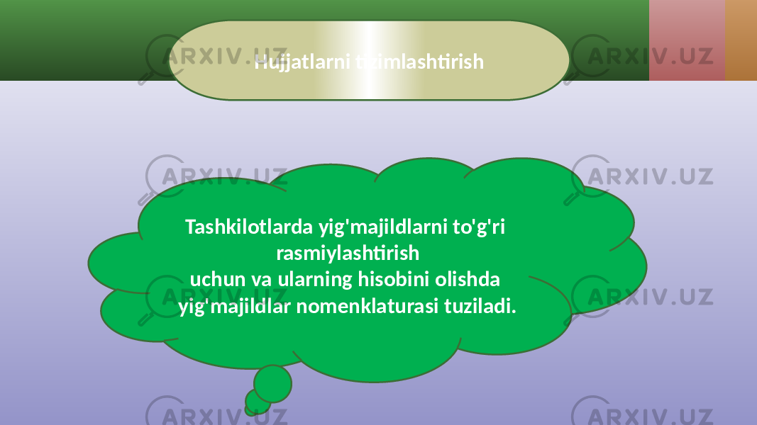 Hujjatlarni tizimlashtirish Tashkilotlarda yig&#39;majildlarni to&#39;g&#39;ri rasmiylashtirish uchun va ularning hisobini olishda yig&#39;majildlar nomenklaturasi tuziladi. 