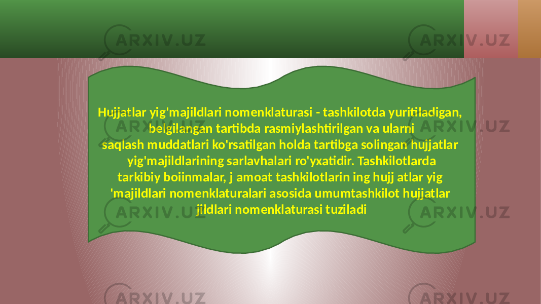 Hujjatlar yig&#39;majildlari nomenklaturasi - tashkilotda yuritiladigan, belgilangan tartibda rasmiylashtirilgan va ularni saqlash muddatlari ko&#39;rsatilgan holda tartibga solingan hujjatlar yig&#39;majildlarining sarlavhalari ro&#39;yxatidir. Tashkilotlarda tarkibiy boiinmalar, j amoat tashkilotlarin ing hujj atlar yig &#39;majildlari nomenklaturalari asosida umumtashkilot hujjatlar jildlari nomenklaturasi tuziladi 