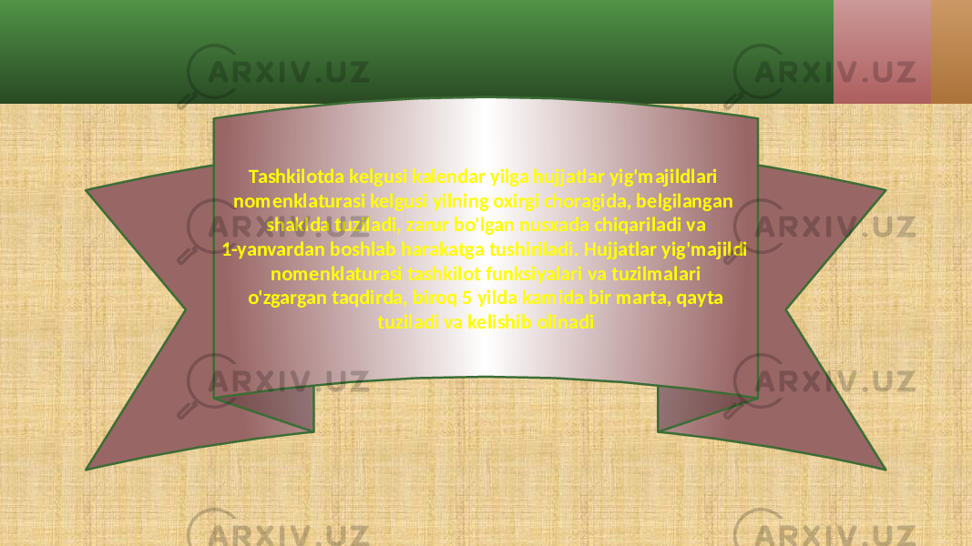 Tashkilotda kelgusi kalendar yilga hujjatlar yig&#39;majildlari nomenklaturasi kelgusi yilning oxirgi choragida, belgilangan shaklda tuziladi, zarur bo&#39;lgan nusxada chiqariladi va 1-yanvardan boshlab harakatga tushiriladi. Hujjatlar yig&#39;majildi nomenklaturasi tashkilot funksiyalari va tuzilmalari o&#39;zgargan taqdirda, biroq 5 yilda kamida bir marta, qayta tuziladi va kelishib olinadi 