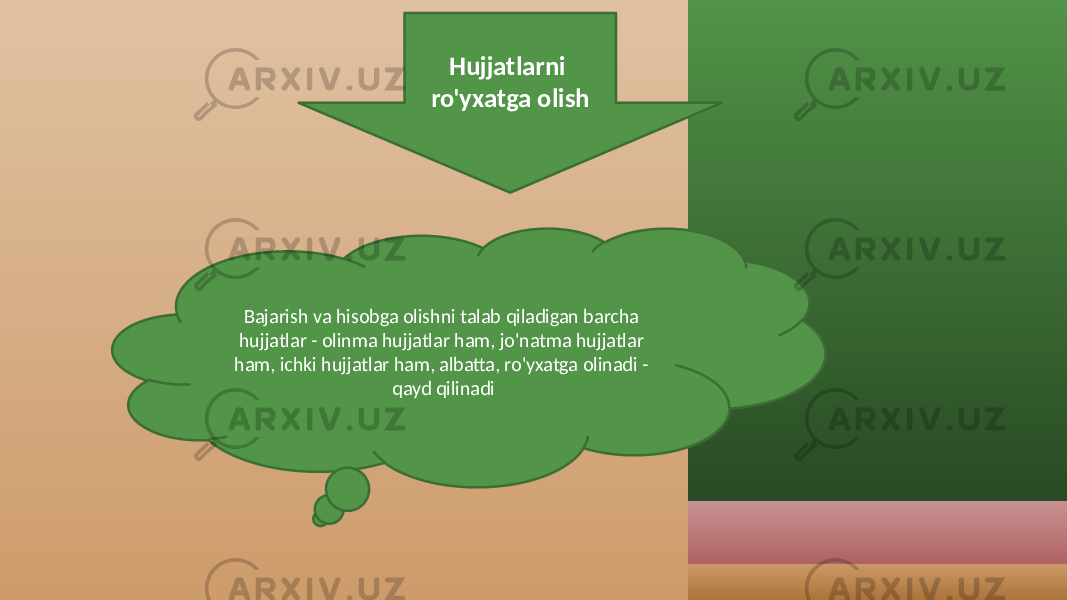 Hujjatlarni ro&#39;yxatga olish Bajarish va hisobga olishni talab qiladigan barcha hujjatlar - olinma hujjatlar ham, jo&#39;natma hujjatlar ham, ichki hujjatlar ham, albatta, ro&#39;yxatga olinadi - qayd qilinadi 