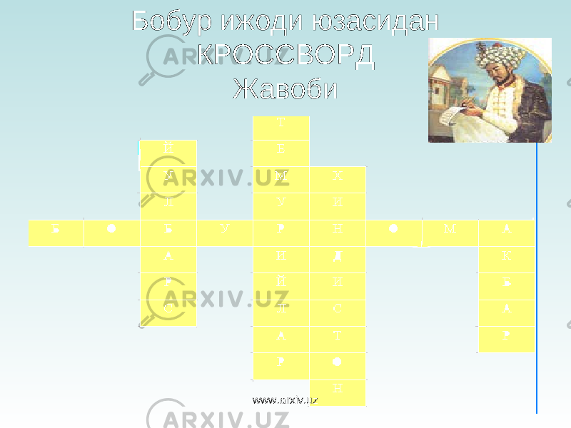 Бобур ижоди юзасидан КРОССВОРД Жавоби www.arxiv.uz 