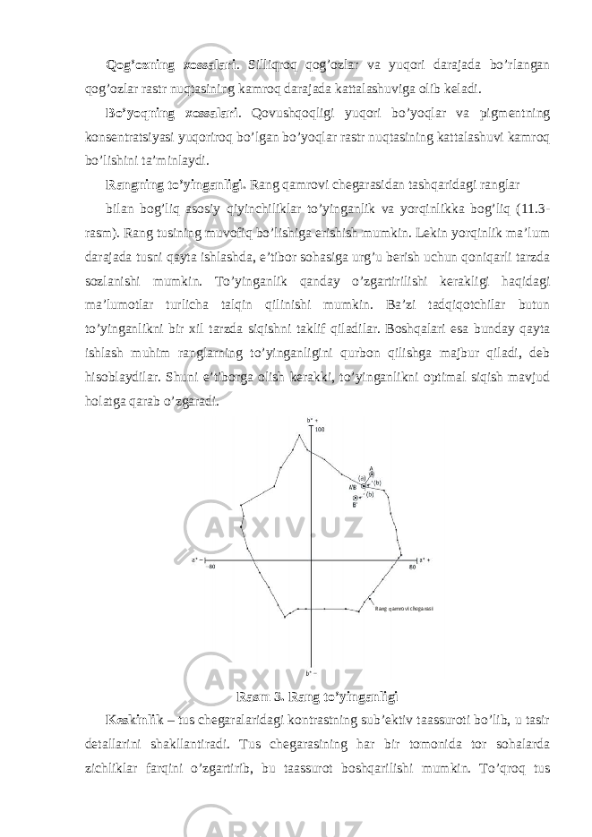 Qog’ozning xossalari . Silliqroq qog’ozlar va yuqori darajada bo’rlangan qog’ozlar rastr nuqtasining kamroq darajada kattalashuviga olib keladi. Bo’yoqning xossalari . Qovushqoqligi yuqori bo’yoqlar va pigmentning konsentratsiyasi yuqoriroq bo’lgan bo’yoqlar rastr nuqtasining kattalashuvi kamroq bo’lishini ta’minlaydi. Rangning to’yinganligi. Rang qamrovi chegarasidan tashqaridagi ranglar bilan bog’liq asosiy qiyinchiliklar to’yinganlik va yorqinlikka bog’liq (11.3- rasm). Rang tusining muvofiq bo’lishiga erishish mumkin. Lekin yorqinlik ma’lum darajada tusni qayta ishlashda, e’tibor sohasiga urg’u berish uchun qoniqarli tarzda sozlanishi mumkin. To’yinganlik qanday o’zgartirilishi kerakligi haqidagi ma’lumotlar turlicha talqin qilinishi mumkin. Ba’zi tadqiqotchilar butun to’yinganlikni bir xil tarzda siqishni taklif qiladilar. Boshqalari esa bunday qayta ishlash muhim ranglarning to’yinganligini qurbon qilishga majbur qiladi, deb hisoblaydilar. Shuni e’tiborga olish kerakki, to’yinganlikni optimal siqish mavjud holatga qarab o’zgaradi. Rasm 3. Rang to’yinganligi Keskinlik – tus chegaralaridagi kontrastning sub’ektiv taassuroti bo’lib, u tasir detallarini shakllantiradi. Tus chegarasining har bir tomonida tor sohalarda zichliklar farqini o’zgartirib, bu taassurot boshqarilishi mumkin. To’qroq tus Rang qamrovi chegarasi 