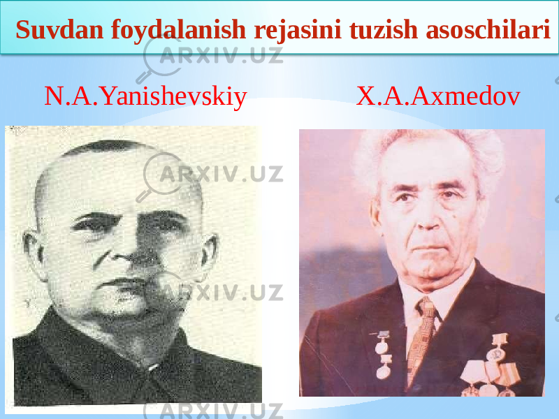  Suvdan foydalanish rejasini tuzish asoschilari N.A.Yanishevskiy X.A.Axmedov 