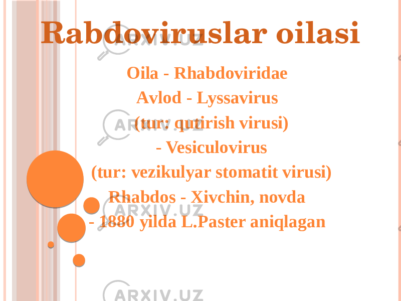 Rabdoviruslar oilasi Oila - Rhabdoviridae Аvlod - Lyssavirus (tur: qutirish virusi) - Vesiculovirus (tur: vezikulyar stomatit virusi) Rhabdos - Xivchin, novda - 1880 yilda L.Paster aniqlagan 