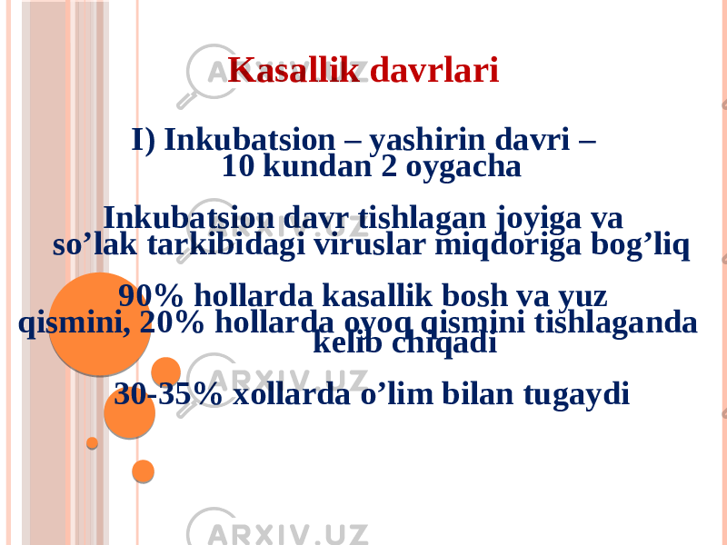 Kasallik davrlari I) Inkubatsion – yashirin davri – 10 kundan 2 oygacha Inkubatsion davr tishlagan joyiga va soʼlak tarkibidagi viruslar miqdoriga bogʼliq 90% hollarda kasallik bosh va yuz qismini, 20% hollarda oyoq qismini tishlaganda kelib chiqadi 30-35% xollarda oʼlim bilan tugaydi 