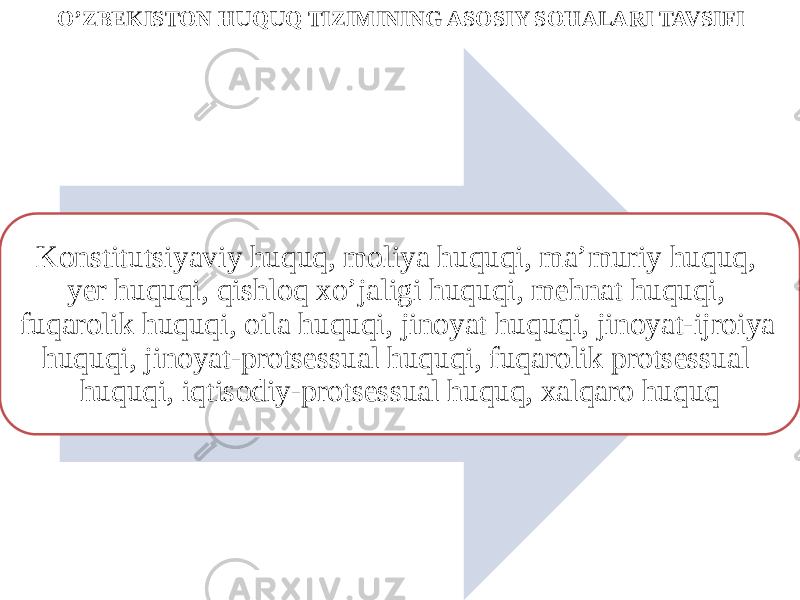 O’ZBEKISTON HUQUQ TIZIMINING ASOSIY SOHALARI TAVSIFI Konstitutsiyaviy huquq, moliya huquqi, ma’muriy huquq, yer huquqi, qishloq xo’jaligi huquqi, mehnat huquqi, fuqarolik huquqi, oila huquqi, jinoyat huquqi, jinoyat-ijroiya huquqi, jinoyat-protsessual huquqi, fuqarolik protsessual huquqi, iqtisodiy-protsessual huquq, xalqaro huquq 