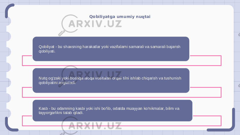 Qobiliyatga umumiy nuqtai Qobiliyat - bu shaxsning harakatlar yoki vazifalarni samarali va samarali bajarish qobiliyati. Nutq og&#39;zaki yoki boshqa aloqa vositalari orqali tilni ishlab chiqarish va tushunish qobiliyatini anglatadi. Kasb - bu odamning kasbi yoki ishi bo&#39;lib, odatda muayyan ko&#39;nikmalar, bilim va tayyorgarlikni talab qiladi. 