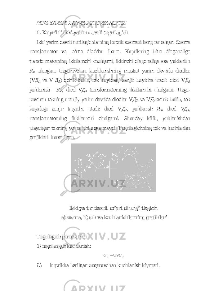 IKKI YARIM DAVRLI TU Ғ RILAGICH 1. Kuprikli ikki yarim davrli tugrilagich Ikki yarim davrli tutrilagichlarning kuprik sxemasi keng tarkalgan. Sxema transformator va to’rtta dioddan iborat. Kuprikning bitta diagonaliga transformatorning ikkilamchi chulgami, ikkinchi diagonaliga esa yuklanish R ю ulangan. Uzgaruvchan kuchlanishning musbat yarim davrida diodlar (V Д 1 va V Д 2 ) ochik bulib, tok kuyidagi zanjir buyicha utadi: diod V Д 1 yuklanish R ю , diod V Д 3 tarnsformatorning ikkilamchi chulgami. Uzga - ruvchan tokning manfiy yarim davrida diodlar V Д 2 va V Д 4 ochik bulib, tok kuyidagi zanjir buyicha utadi: diod V Д 2 , yuklanish R ю diod V Д 4 , transformatorning ikkilamchi chulgami. Shunday kilib, yuklanishdan utayotgan tokning yo’nalishi uzgarmaydi. Tugrilagichning tok va kuchlanish grafiklari kursatilgan . Ikki yarim davrli ko’prikli to’g’rilagich. a) sxema, b) tok va kuchlanishlarning grafiklari Tugrilagich parametrlari: 1) tugrilangan kuchlanish:2 0 9,0 U U  U 2 — kuprikka berilgan uzgaruvchan kuchlanish kiymati. 