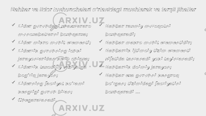 Rahbar va lider tushunchalari oʻrtasidagi mushtarak va farqli jihatlar  Lider guruhdagi shaxslararo munosabatlarni boshqarsa;  Lider mikro muhit elementi;  Liderlik guruhning ichki jarayonlaridan kelib chiqsa;  Liderlik tasodifiy vaziyatga bogʻliq jarayon;  Liderning faoliyat koʻlami kengligi guruh bilan;  Chegaralanadi.  Rahbar rasmiy muloqotni boshqaradi;  Rahbar makro muhit elementidir;  Rahbarlik ijtimoiy tizim elementi sifatida tanlanadi yoki tayinlanadi;  Rahbarlik doimiy jarayon;  Rahbar esa guruhni kengroq boʻlgan; tizimidagi faoliyatini boshqaradi ... 