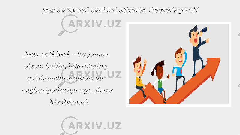 Jamoa ishini tashkil etishda liderning roli Jamoa lideri – bu jamoa aʼzosi boʻlib, liderlikning qoʻshimcha sifatlari va majburiyatlariga ega shaxs hisoblanadi 