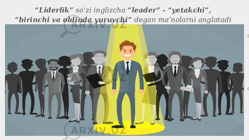 “ Liderlik” soʻzi inglizcha “leader” - “yetakchi”, “ birinchi va oldinda yuruvchi” degan maʼnolarni anglatadi   