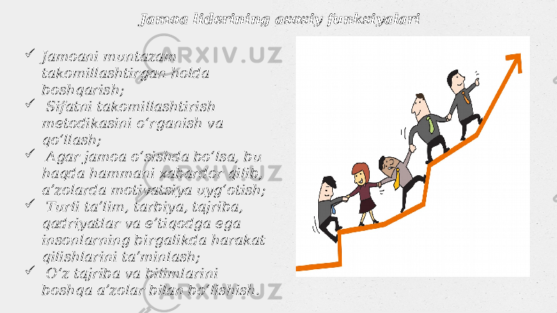  Jamoani muntazam takomillashtirgan holda boshqarish;  Sifatni takomillashtirish metodikasini oʻrganish va qoʻllash;  Agar jamoa oʻsishda boʻlsa, bu haqda hammani xabardor qilib, aʼzolarda motivatsiya uygʻotish;  Turli taʼlim, tarbiya, tajriba, qadriyatlar va eʼtiqodga ega insonlarning birgalikda harakat qilishlarini taʼminlash;  Oʻz tajriba va bilimlarini boshqa aʼzolar bilan boʻlishish. Jamoa liderining asosiy funksiyalari 