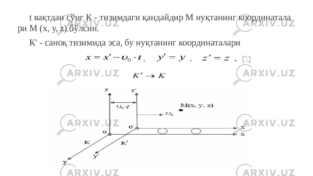 t вақтдан сўнг К - тизимдаги қандайдир М нуқтанинг координатала ри М (х, у, z) бўлсин. К′ - саноқ тизимида эса, бу нуқтанинг координаталари (1) 