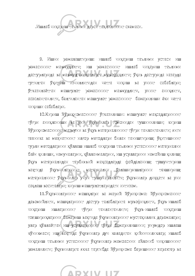 .Ишлаб чиқариш таълими дарси таҳлилининг схемаси. 9. Ишни режалаштириш: ишлаб чиқариш таълими устаси иш режасининг мавжудлиги; иш режасининг ишлаб чиқариш таълими дастурларида ва мавжуд жиҳозларга мувофиқлиги; ўқив дастурида назарда тутилган ўқитиш изчиллигидан четга чиқиш ва унинг сабаблари; ўтказилаётган машғулот режасининг мавжудлиги, унинг аниқлиги, асосланганлиги, белгиланган машғулот режасининг бажарилиши ёки четга чиқиши сабаблари. 10.Кириш йўриқномасининг ўтказилиши: машғулот мақсадларининг тўғри аниқланиши ва уни ўқувчилар томонидан тушинилиши; кириш йўриқномасининг мазмуни ва ўқув материалининг тўғри танланганлиги; янги техника ва меҳнатнинг илғор методлари билан таништириш; ўқитишнинг турли методларини қўллаш ишлаб чиқариш таълими устасининг материални баён қилиши, намуналарни, қўлланмаларни, иш усулларини намойиш қилиш; ўқув материалидан тарбиявий мақсадларда фойдаланиш; тушунтириш вақтида ўқувчиларнинг материални ўзлаширишларини текшириш; материалнинг ўқувчилар учун тушунарлилиги; ўқувчилар диққати ва уни сақлаш воситалари; кириш машғулотларидаги интизом. 11.Ўқувчиларнинг машқлари ва жорий йўриқнома: йўриқноманинг давомийлиги, машқларнинг дастур талабларига мувофиқлиги, ўқув-ишлаб чиқариш ишларининг тўғри танланганлиги; ўқув-ишлаб чиқариш топшириқларини бажариш вақтида ўқувчиларнинг мустақиллик даражалари; улар қўллаётган иш усулларининг тўғри бажарилишини; унумдор ишлаш кўникмаси; иш вақтида ўқувчилар дуч келадиган қийинчиликлар; ишлаб чиқариш таълими устасининг ўқувчилар жамоасини айланиб чиқишининг режалилиги; ўқувчиларга якка тартибда йўриқнома беришнинг характер ва 