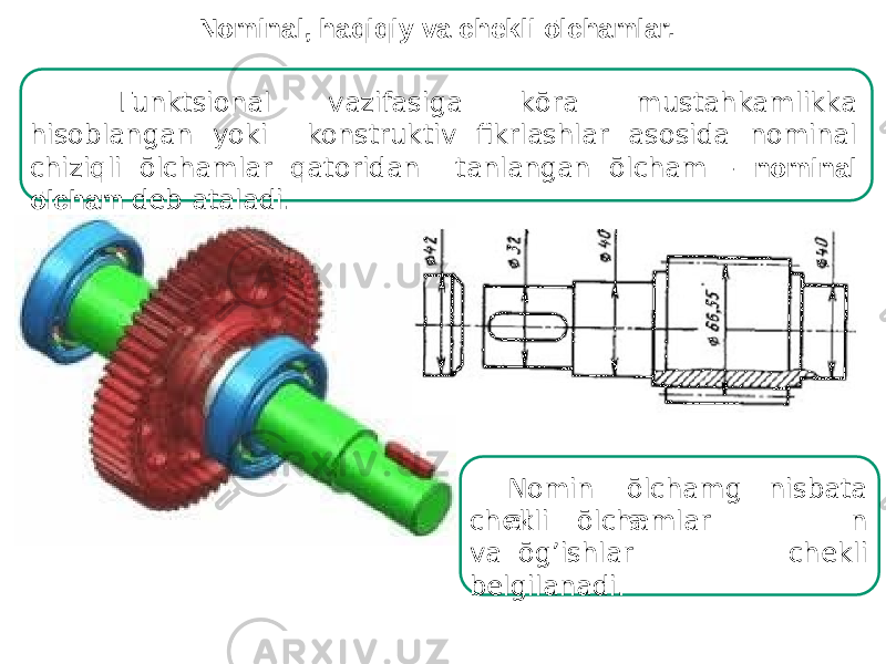 Nominal, haqiqiy va chekli ōlchamlar. Funktsional vazifasiga kōra mustahkamlikka hisoblangan yoki konstruktiv fikrlashlar asosida nominal chiziqli ōlchamlar qatoridan tanlangan ōlcham - nominal ōlcham dеb ataladi. Nomin al ōl c ha mg a nisbata n cheklic h e k li ō lchamla r va ōg’ishlar belgilanadi. 