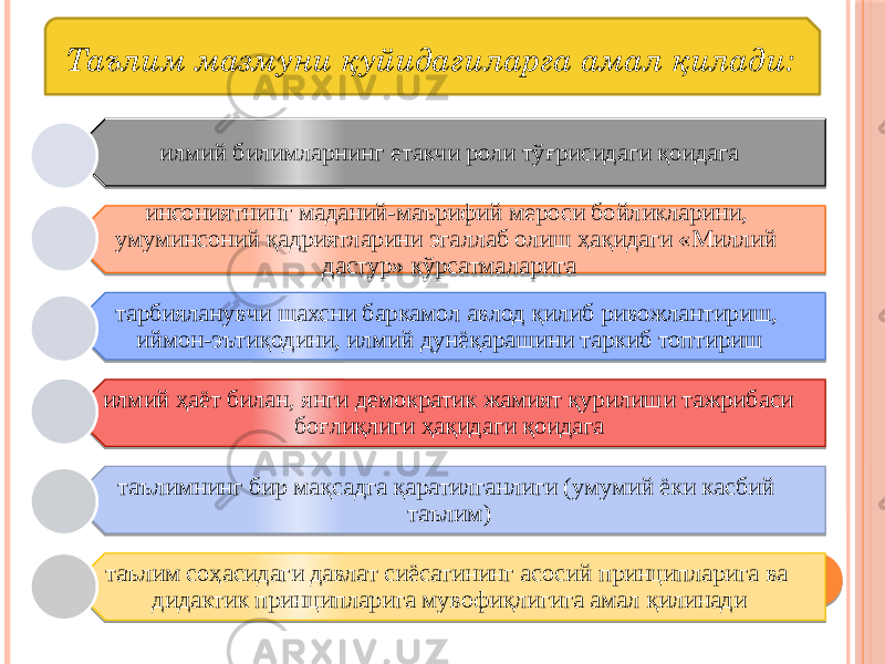 Таълим мазмуни қуйидагиларга амал қилади: илмий билимларнинг етакчи роли тўғрисидаги қоидага инсониятнинг маданий-маърифий мероси бойликларини, умуминсоний қадриятларини эгаллаб олиш ҳақидаги «Миллий дастур» кўрсатмаларига тарбияланувчи шахсни баркамол авлод қилиб ривожлантириш, иймон-эътиқодини, илмий дунёқарашини таркиб топтириш илмий ҳаёт билан, янги демократик жамият қурилиши тажрибаси боғлиқлиги ҳақидаги қоидага таълимнинг бир мақсадга қаратилганлиги (умумий ёки касбий таълим) таълим соҳасидаги давлат сиёсатининг асосий принципларига ва дидактик принципларига мувофиқлигига амал қилинади 0607 06 1D 16 0F 06 06 0B 0F 0F 0F 16 