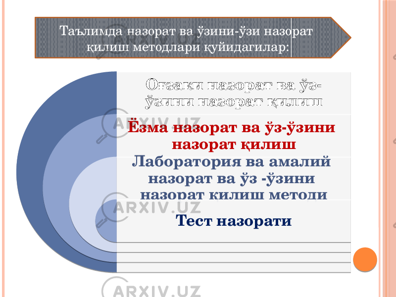 Оғзаки назорат ва ўз- ўзини назорат қилиш Ёзма назорат ва ўз-ўзини назорат қилиш Лаборатория ва амалий назорат ва ўз -ўзини назорат қилиш методи Тест назоратиТаълимда назорат ва ўзини-ўзи назорат қилиш методлари қуйидагилар: 01 0D030608 12 08 14 08 08 1A 