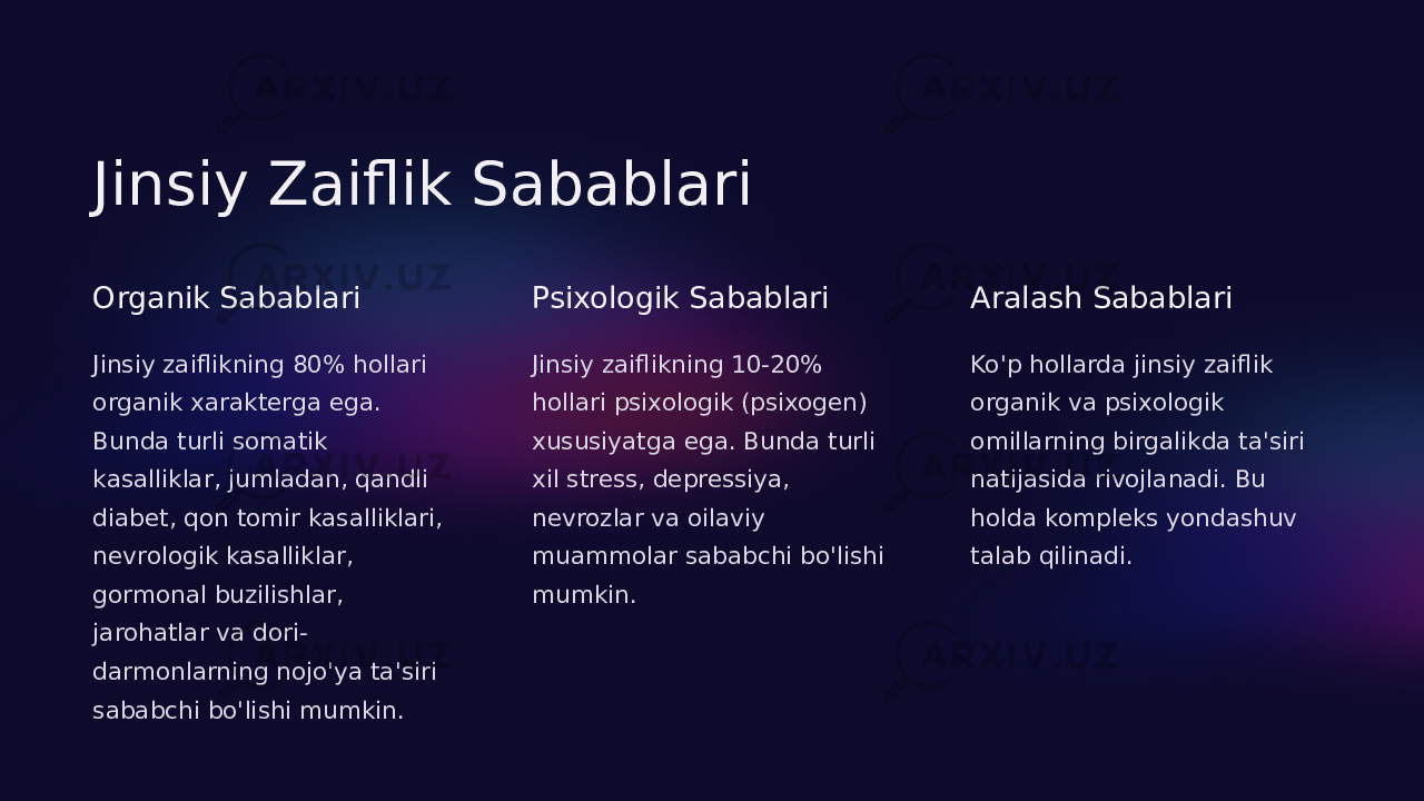 Jinsiy Zaiflik Sabablari Organik Sabablari Jinsiy zaiflikning 80% hollari organik xarakterga ega. Bunda turli somatik kasalliklar, jumladan, qandli diabet, qon tomir kasalliklari, nevrologik kasalliklar, gormonal buzilishlar, jarohatlar va dori- darmonlarning nojo&#39;ya ta&#39;siri sababchi bo&#39;lishi mumkin. Psixologik Sabablari Jinsiy zaiflikning 10-20% hollari psixologik (psixogen) xususiyatga ega. Bunda turli xil stress, depressiya, nevrozlar va oilaviy muammolar sababchi bo&#39;lishi mumkin. Aralash Sabablari Ko&#39;p hollarda jinsiy zaiflik organik va psixologik omillarning birgalikda ta&#39;siri natijasida rivojlanadi. Bu holda kompleks yondashuv talab qilinadi. 