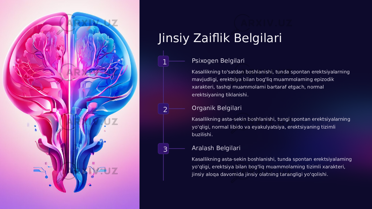 Jinsiy Zaiflik Belgilari 1 Psixogen Belgilari Kasallikning to&#39;satdan boshlanishi, tunda spontan erektsiyalarning mavjudligi, erektsiya bilan bog&#39;liq muammolarning epizodik xarakteri, tashqi muammolarni bartaraf etgach, normal erektsiyaning tiklanishi. 2 Organik Belgilari Kasallikning asta-sekin boshlanishi, tungi spontan erektsiyalarning yo&#39;qligi, normal libido va eyakulyatsiya, erektsiyaning tizimli buzilishi. 3 Aralash Belgilari Kasallikning asta-sekin boshlanishi, tunda spontan erektsiyalarning yo&#39;qligi, erektsiya bilan bog&#39;liq muammolarning tizimli xarakteri, jinsiy aloqa davomida jinsiy olatning tarangligi yo&#39;qolishi. 