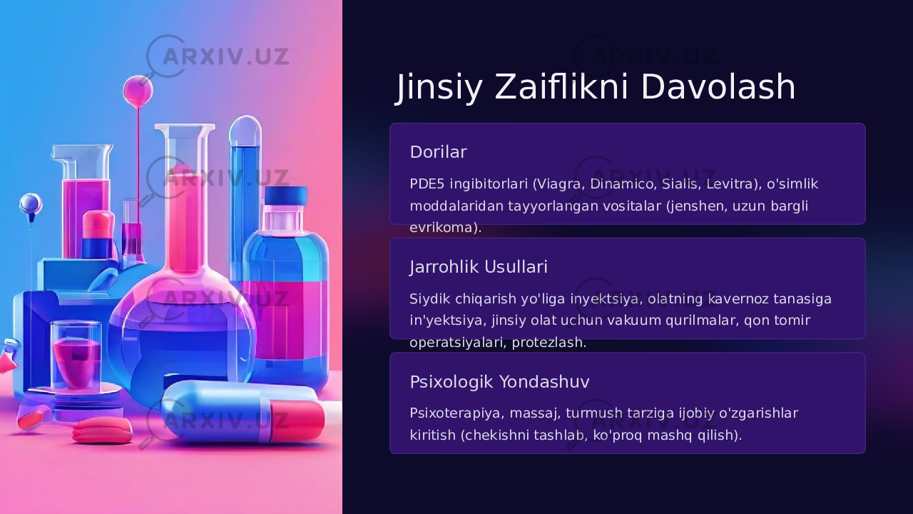 Jinsiy Zaiflikni Davolash Dorilar PDE5 ingibitorlari (Viagra, Dinamico, Sialis, Levitra), o&#39;simlik moddalaridan tayyorlangan vositalar (jenshen, uzun bargli evrikoma). Jarrohlik Usullari Siydik chiqarish yo&#39;liga inyektsiya, olatning kavernoz tanasiga in&#39;yektsiya, jinsiy olat uchun vakuum qurilmalar, qon tomir operatsiyalari, protezlash. Psixologik Yondashuv Psixoterapiya, massaj, turmush tarziga ijobiy o&#39;zgarishlar kiritish (chekishni tashlab, ko&#39;proq mashq qilish). 