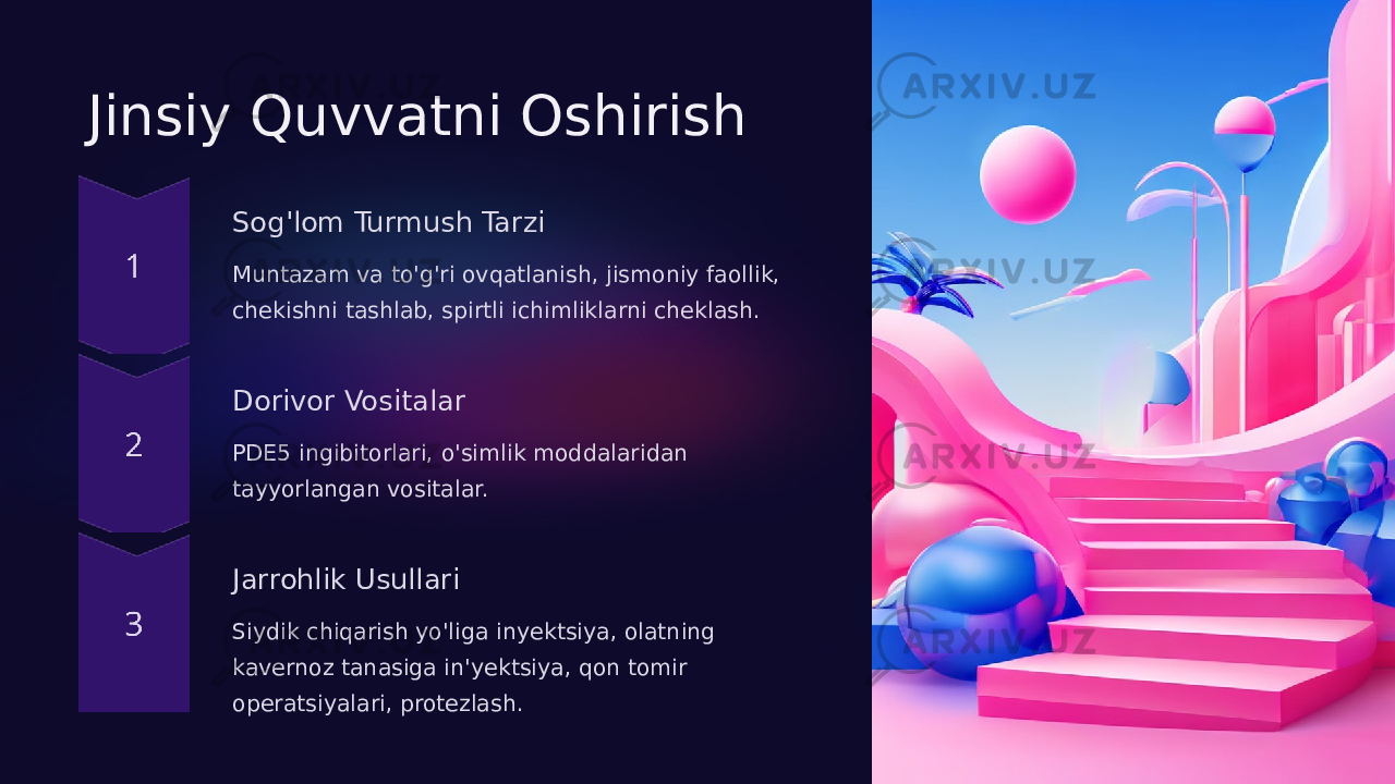 Jinsiy Quvvatni Oshirish Sog&#39;lom Turmush Tarzi Muntazam va to&#39;g&#39;ri ovqatlanish, jismoniy faollik, chekishni tashlab, spirtli ichimliklarni cheklash. Dorivor Vositalar PDE5 ingibitorlari, o&#39;simlik moddalaridan tayyorlangan vositalar. Jarrohlik Usullari Siydik chiqarish yo&#39;liga inyektsiya, olatning kavernoz tanasiga in&#39;yektsiya, qon tomir operatsiyalari, protezlash. 