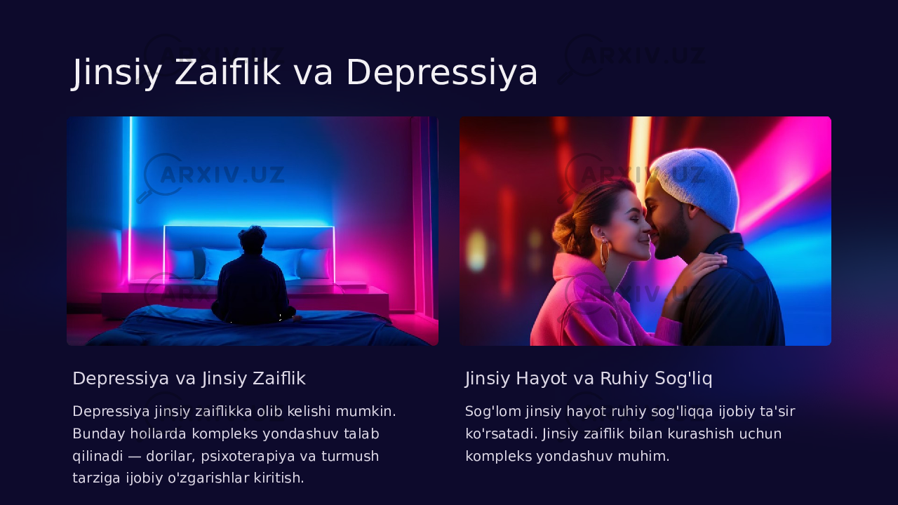 Jinsiy Zaiflik va Depressiya Depressiya va Jinsiy Zaiflik Depressiya jinsiy zaiflikka olib kelishi mumkin. Bunday hollarda kompleks yondashuv talab qilinadi — dorilar, psixoterapiya va turmush tarziga ijobiy o&#39;zgarishlar kiritish. Jinsiy Hayot va Ruhiy Sog&#39;liq Sog&#39;lom jinsiy hayot ruhiy sog&#39;liqqa ijobiy ta&#39;sir ko&#39;rsatadi. Jinsiy zaiflik bilan kurashish uchun kompleks yondashuv muhim. 