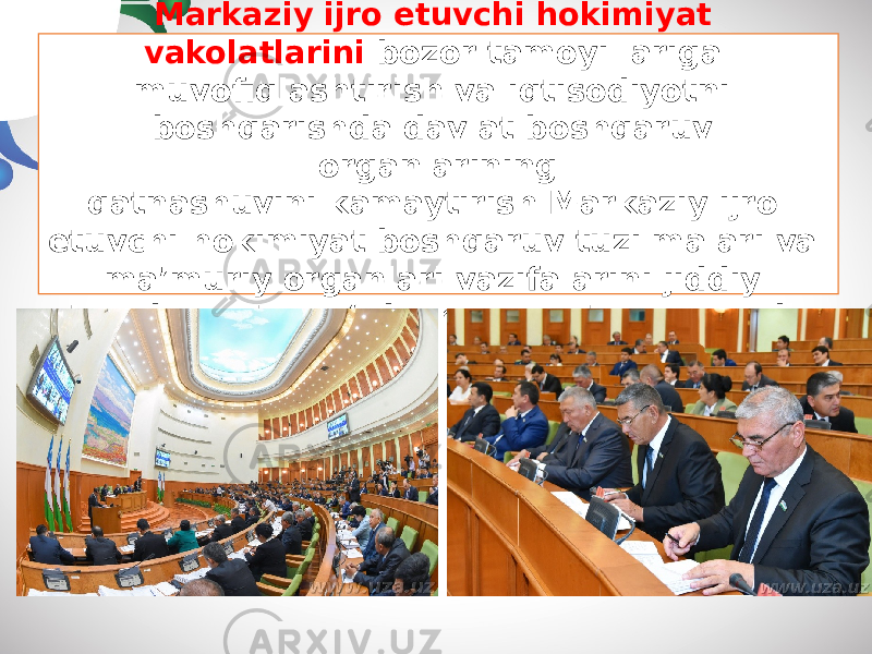 Markaziy ijro etuvchi hokimiyat vakolatlarini bozor tamoyillariga muvofiqlashtirish va iqtisodiyotni boshqarishda davlat boshqaruv organlarining qatnashuvini kamaytirish Markaziy ijro etuvchi hokimiyat boshqaruv tuzilmalari va ma’muriy organlari vazifalarini jiddiy tarzda qayta ko‘rib chiqishni taqozo qildi. 