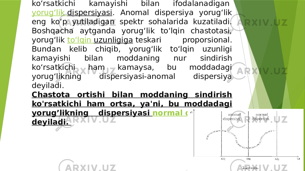 Anomal dispersiya  – yorugʻlik toʻlqinlarining  chastotasi  ortganda moddaning sindirish koʻrsatkichi kamayishi bilan ifodalanadigan  yorugʻlik dispersiyasi . Anomal dispersiya yorugʻlik eng koʻp yutiladigan spektr sohalarida kuzatiladi. Boshqacha aytganda yorugʻlik toʻlqin chastotasi, yorugʻlik  toʻlqin uzunligiga  teskari proporsional. Bundan kelib chiqib, yorugʻlik toʻlqin uzunligi kamayishi bilan moddaning nur sindirish koʻrsatkichi ham kamaysa, bu moddadagi yorugʻlikning dispersiyasi-anomal dispersiya deyiladi. Chastota ortishi bilan moddaning sindirish ko&#39;rsatkichi ham ortsa, ya&#39;ni, bu moddadagi yorug’likning dispersiyasi  normal dispersiya deyiladi .  