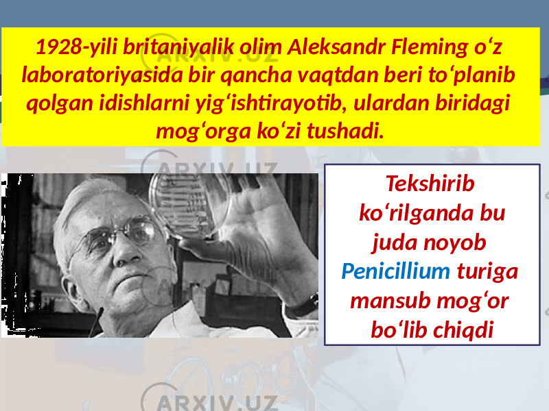 1928-yili britaniyalik olim Aleksandr Fleming o‘z laboratoriyasida bir qancha vaqtdan beri to‘planib qolgan idishlarni yig‘ishtirayotib, ulardan biridagi mog‘orga ko‘zi tushadi. Tekshirib ko‘rilganda bu juda noyob Penicillium turiga mansub mog‘or bo‘lib chiqdi 