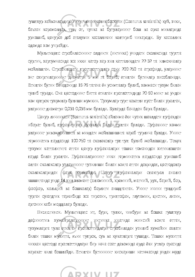 гуштхур хайвонлардир. Унинг личинкалик боскичи ( Coenurus serebralis ) куй, эчки, баъзан корамоллар, туя, от, чучка ва бугуларнинг бош ва орка мияларида урнашиб, ценуроз деб аталувчи касалликни келтириб чикаради. Бу касаллик одамда хам учрайди. Мультицепс стробиласининг олдинги (ингичка) учидаги сколексида туртта сургич, хартумчасида эса икки катор хар хил катталикдаги 22-32 та илмокчалар жойлашган. Стробиладаги прогтлоттидлар сони 200-250 та атрофида, уларнинг энг охиргиларининг диаметри 5 мм га бориб, етилган бугинлар хисобланади. Етилган бугин бачадонида 16-26 тагача ён усимталар булиб, хаммаси тухум билан тулиб туради. Она цестоднинг битта етилган проглоттидида 20-60 минг ва ундан хам купрок тухумлар булиши мумкин. Тухумлар турт каватли пуст билан уралган, уларнинг диаметри 0,031-0,036 мм булади. Буларда бачадон берк булади. Ценур личинкаси ( Soenurus serebralis ) айланма ёки чузик шаклдаги пуфакдан иборат булиб, пуфак тиник суюклик билан тулган булади. Пуфакнинг хажми уларнинг ривожланишига ва миядаги жойлашишига караб турлича булади. Унинг герминатив пардасида 100-250 та сколекслар туп-туп булиб жойлашади. Товук тухуми катталигига етган ценур пуфакчалари ташки томонидан хитинлашган парда билан уралган. Пуфакчаларининг ички герминатив пардасида урнашиб олган сколекслар узларининг тузилиши билан вояга етган давридап, цестодалар сколексларидан фарк килмайди. Ценур пуфакчалари спектрал анализ кшшнганда унда 14 хил элемент (алюминий, кремний, магний, рух, барий, бор, фосфор, кальций ва бошкалар) борлиги аншдганган. Унинг ичини тулдириб турган суюгдгик таркибида эса тирозин, триптофан, глутамин, цистин, лизин, аргонин каби моддалар булади. Биологияси. Мультицепс ит, бури, тулки, чиябури ва бошка гуштхур дефинитив хужайраларининг ингичка ичагида жинсий вояга етгач, тухумларга тула етилган проглоттидлари стробиладан узилиб хужайин ахлати билан ташки мухитга, яъни тупрок, сув ва кукатларга тушади. Ташки мухитга чиккан цестода проглоттидлари бир неча соат давомида ерда ёки утлар орасида харакат кила бошлайди. Етилган бугиннинг кискариши натижасида ундан жуда 