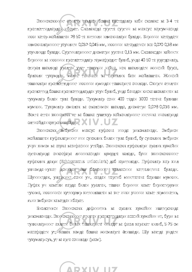 Эхинококкнинг етилган гавдаси бошка цестодалар каби сколекс ва 3-4 та проглоттидлардан иборат. Сколексда туртта сургич ва махсус хартумчасида икки катор жойлашган 28-50 та хитинли илмокчалари булади. Биринчи катордаги илмокчаларининг узунлиги 0,032-0,045 мм, иккинчи катордагиси эса 0,020-0,38 мм узунликда булади. Сургичларининг диаметри уртача 0,13 мм. Сколексдан кейинги биринчи ва иккинчи проглоттидлар гермафродит булиб, унда 40-50 та уругдонлар, спирал шаклида уралган уруг ташувчи найча, нок шаклидаги жинсий бурса, булакли тухумдон, мелис таначаси ва сариклик бези жойлашган. Жинсий тешиклари проглотгпднинг иккинчи ярмидан ташкарига очилади. Охирги етилган проглоттид бошка проглоттидлардан узун булиб, унда бачадон киска шохланган ва тухумлар билан тула булади. Тухумлар сони 400 тадан 3000 тагача булиши мумкин. Тухумлар юмалок ва овалсимон шаклда, диаметри 0,028-0,036 мм. Вояга етган эхинококк ит ва бошка гуштхур хайвонларнинг ингичка ичакларида олтиойданкупрокяшайди. Эхинококк эмбриони махсус пуфакча ичида ривожланади. Эмбрион жойлашган пуфакларнинг ичи суюклик билан тула булиб, бу суюклик эмбрион учун химоя ва озука вазифасини утайди. Эхинококк пуфаклари оралик хужайин органларида онкосфера личинкасидан вужудга келади, буни эхинококкнинг пуфаклик даври ( Echinococcus unilocularis ) деб юритилади. Пуфаклар хар хил улчамда-нухат донидан ёш боланинг калласини катталигича булади. Шунингдек, уларнинг сони ун, юздан тортиб мингтагача бориши мумкин. Пуфак уч каватли парда билан уралган, ташки биринчи кават бириктирувчи тукима, иккинчиси кутикуляр хитинлашган ва энг ички учинчи кават герминатив, яъни эмбрион каватдан иборат. Биологияси Эхинококк дефинитив ва оралик хужайин иштирокида ривожланади. Эхинококкнинг етилган проглоттидлари асосий хужайин-ит, бури ва тулкиларнинг ахлати билан ташкарига чикади ва фаол харакат килиб, 5-25 см масофадаги ут, хашак хамда бошка жисмларга ёпишади. Шу вактда ундаги тухумлар сув, ут ва ерга сочилади (расм). 