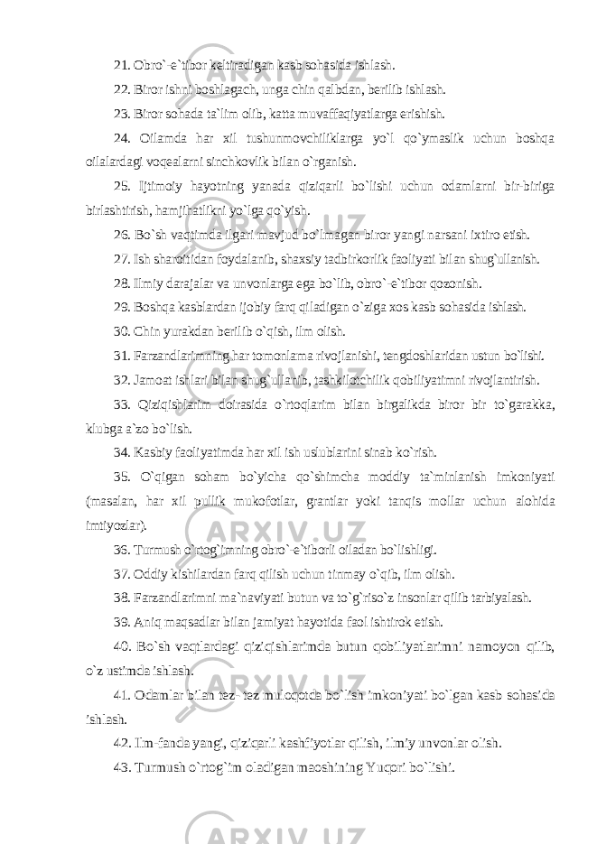 21. Obro`-e`tibor keltiradigan kasb sohasida ishlash. 22. Biror ishni boshlagach, unga chin qalbdan, berilib ishlash. 23. Biror sohada ta`lim olib, katta muvaffaqiyatlarga erishish. 24. Oilamda har xil tushunmovchiliklarga yo`l qo`ymaslik uchun boshqa oilalardagi voqealarni sinchkovlik bilan o`rganish. 25. Ijtimoiy hayotning yanada qiziqarli bo`lishi uchun odamlarni bir-biriga birlashtirish, hamjihatlikni yo`lga qo`yish. 26. Bo`sh vaqtimda ilgari mavjud bo`lmagan biror yangi narsani ixtiro etish. 27. Ish sharoitidan foydalanib, shaxsiy tadbirkorlik faoliyati bilan shug`ullanish. 28. Ilmiy darajalar va unvonlarga ega bo`lib, obro`-e`tibor qozonish. 29. Boshqa kasblardan ijobiy farq qiladigan o`ziga xos kasb sohasida ishlash. 30. Chin yurakdan berilib o`qish, ilm olish. 31. Farzandlarimning har tomonlama rivojlanishi, tengdoshlaridan ustun bo`lishi. 32. Jamoat ishlari bilan shug`ullanib, tashkilotchilik qobiliyatimni rivojlantirish. 33. Qiziqishlarim doirasida o`rtoqlarim bilan birgalikda biror bir to`garakka, klubga a`zo bo`lish. 34. Kasbiy faoliyatimda har xil ish uslublarini sinab ko`rish. 35. O`qigan soham bo`yicha qo`shimcha moddiy ta`minlanish imkoniyati (masalan, har xil pullik mukofotlar, grantlar yoki tanqis mollar uchun alohida imtiyozlar). 36. Turmush o`rtog`imning obro`-e`tiborli oiladan bo`lishligi. 37. Oddiy kishilardan farq qilish uchun tinmay o`qib, ilm olish. 38. Farzandlarimni ma`naviyati butun va to`g`riso`z insonlar qilib tarbiyalash. 39. Aniq maqsadlar bilan jamiyat hayotida faol ishtirok etish.40. Bo`sh vaqtlardagi qiziqishlarimda butun qobiliyatlarimni namoyon qilib, o`z ustimda ishlash. 41. Odamlar bilan tez- tez muloqotda bo`lish imkoniyati bo`lgan kasb sohasida ishlash. 42. Ilm-fanda yangi, qiziqarli kashfiyotlar qilish, ilmiy unvonlar olish. 43. Turmush o`rtog`im oladigan maoshining Yuqori bo`lishi. 