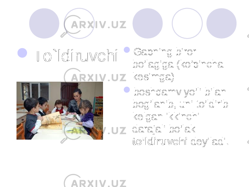  To`ldiruvchi  Gapning biror bo&#39;lagiga (ko&#39;pincha kesimga)  boshqamv yo&#39;li bilan bog&#39;lanib, uni to&#39;ldirib kelgan ikkinchi darajali bo&#39;lak to&#39;ldiruvchi deyiladi. 