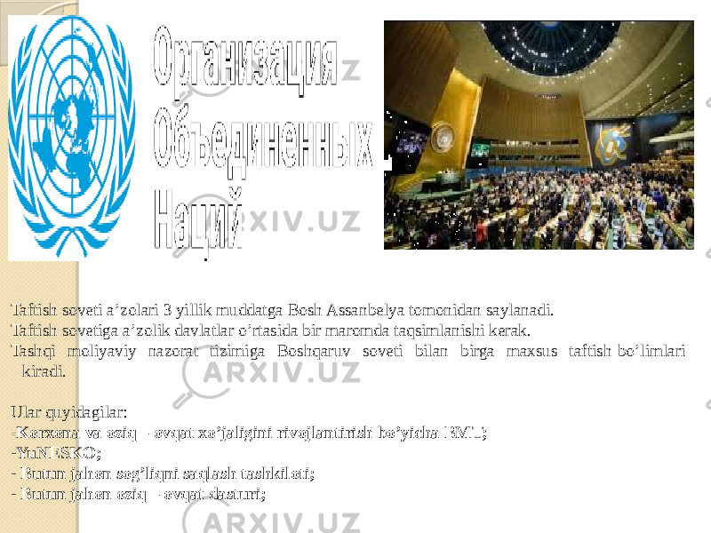  Taftish soveti a’zolari 3 yillik muddatga Bosh Assanbelya tomonidan saylanadi. Taftish sovetiga a’zolik davlatlar o’rtasida bir maromda taqsimlanishi kerak. Tashqi moliyaviy nazorat tizimiga Boshqaruv soveti bilan birga maxsus taftish bo’limlari kiradi. Ular quyidagilar: - Korxona va oziq – ovqat xo’jaligini rivojlantirish bo’yicha BMT; -YuNESKO; - Butun jahon sog’liqni saqlash tashkiloti; - Butun jahon oziq – ovqat dasturi; 