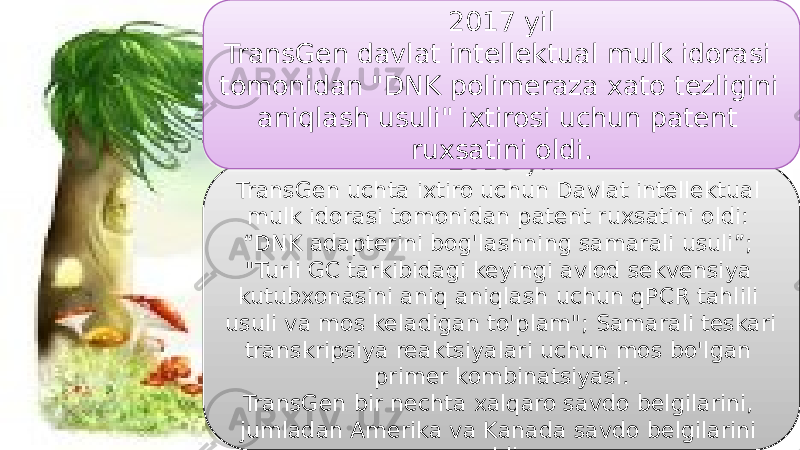 112019 yil TransGen uchta ixtiro uchun Davlat intellektual mulk idorasi tomonidan patent ruxsatini oldi: “DNK adapterini bog&#39;lashning samarali usuli”; &#34;Turli GC tarkibidagi keyingi avlod sekvensiya kutubxonasini aniq aniqlash uchun qPCR tahlili usuli va mos keladigan to&#39;plam&#34;; Samarali teskari transkripsiya reaktsiyalari uchun mos bo&#39;lgan primer kombinatsiyasi. TransGen bir nechta xalqaro savdo belgilarini, jumladan Amerika va Kanada savdo belgilarini oldi.2017 yil TransGen davlat intellektual mulk idorasi tomonidan &#34;DNK polimeraza xato tezligini aniqlash usuli&#34; ixtirosi uchun patent ruxsatini oldi. 29 01 15 32 4201 1F 0A 11 1602 01 0B 10 29 01 1110 0304 02 