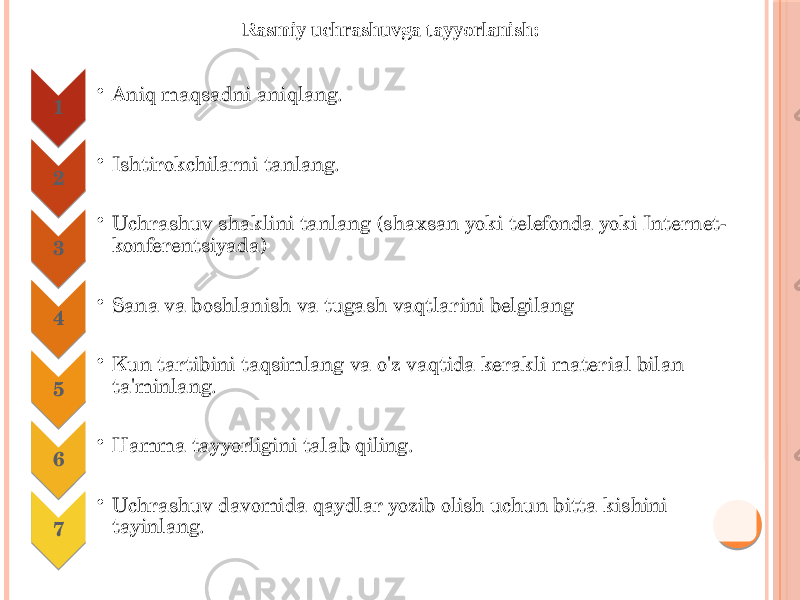 1 • Aniq maqsadni aniqlang. 2 • Ishtirokchilarni tanlang. 3 • Uchrashuv shaklini tanlang (shaxsan yoki telefonda yoki Internet- konferentsiyada) 4 • Sana va boshlanish va tugash vaqtlarini belgilang 5 • Kun tartibini taqsimlang va o&#39;z vaqtida kerakli material bilan ta&#39;minlang. 6 • Hamma tayyorligini talab qiling. 7 • Uchrashuv davomida qaydlar yozib olish uchun bitta kishini tayinlang. Rasmiy uchrashuvga tayyorlanish: 01 02 03 04 05 06 07 