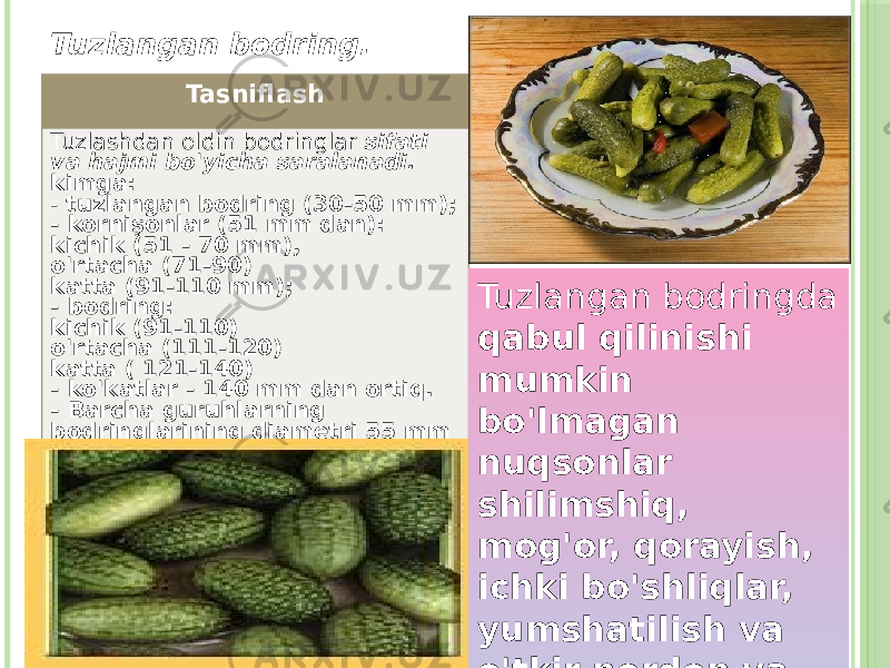 Tuzlangan bodring. Tasniflash Tuzlashdan oldin bodringlar sifati va hajmi bo&#39;yicha saralanadi. kimga: - tuzlangan bodring (30-50 mm); - kornişonlar (51 mm dan): kichik (51 - 70 mm), o&#39;rtacha (71-90) katta (91-110 mm); - bodring: kichik (91-110) o&#39;rtacha (111-120) katta ( 121-140) - ko&#39;katlar - 140 mm dan ortiq. - Barcha guruhlarning bodringlarining diametri 55 mm dan oshmaydi. Tuzlangan bodringda qabul qilinishi mumkin bo&#39;lmagan nuqsonlar shilimshiq, mog&#39;or, qorayish, ichki bo&#39;shliqlar, yumshatilish va o&#39;tkir nordon va sho&#39;r ta&#39;mdir. 