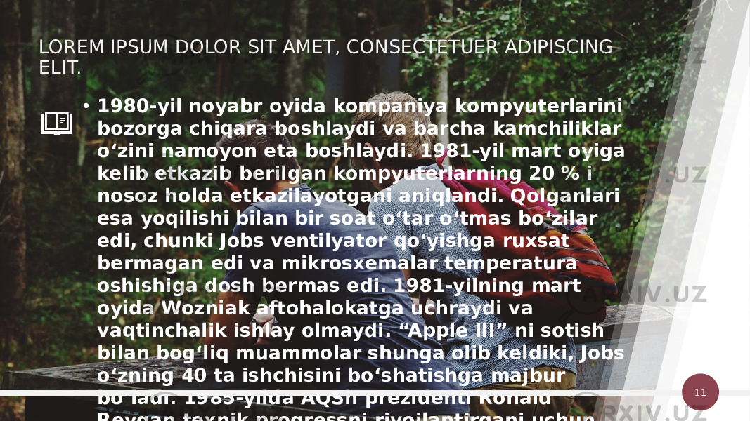 • 1980-yil noyabr oyida kompaniya kompyuterlarini bozorga chiqara boshlaydi va barcha kamchiliklar oʻzini namoyon eta boshlaydi. 1981-yil mart oyiga kelib etkazib berilgan kompyuterlarning 20 % i nosoz holda etkazilayotgani aniqlandi. Qolganlari esa yoqilishi bilan bir soat oʻtar oʻtmas boʻzilar edi, chunki Jobs ventilyator qoʻyishga ruxsat bermagan edi va mikrosxemalar temperatura oshishiga dosh bermas edi. 1981-yilning mart oyida Wozniak aftohalokatga uchraydi va vaqtinchalik ishlay olmaydi. “Apple III” ni sotish bilan bogʻliq muammolar shunga olib keldiki, Jobs oʻzning 40 ta ishchisini boʻshatishga majbur boʻladi. 1985-yilda AQSh prezidenti Ronald Reygan texnik progressni rivojlantirgani uchun Jobs va Wozniakga medal topshiradi.LOREM IPSUM DOLOR SIT AMET, CONSECTETUER ADIPISCING ELIT. 11 