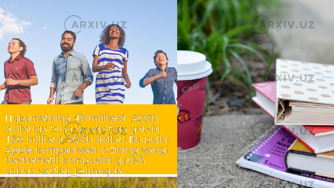 Hukumatning 49 milliard  AQSh dollariga teng byudjetiga qarshi 160 milliard AQSh dollari.Bu pulni Apple kompaniyasi o‘zining yangi hashamatli kompusini qurish uchun sarflab kelmoqda. 17 