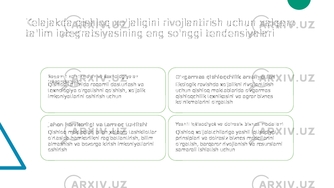 Kelajakda qishloq xo&#39;jaligini rivojlantirish uchun xalqaro ta&#39;lim integratsiyasining eng so&#39;nggi tendensiyalari Raqamli ko&#39;nikmalar va texnologiyalar integratsiyasi Qishloq ta&#39;limida raqamli dasturlash va texnologiya o&#39;rgatishni qo&#39;shish, xo&#39;jalik imkoniyatlarini oshirish uchun O&#39;zgarmas qishloqchilik amaliyotlari Ekologik ravishda xo&#39;jalikni rivojlantirish uchun qishloq maktablarida o&#39;zgarmas qishloqchilik texnikasini va agrar biznes ko&#39;nikmalarini o&#39;rgatish Jahon hamkorligi va tarmoq tuzilishi Qishloq maktablari bilan xalqaro tashkilotlar o&#39;rtasida hamkorlikni rag&#39;batlantirish, bilim almashish va bozorga kirish imkoniyatlarini oshirish Yashil iqtisodiyot va doirasiz biznes modellari Qishloq xo&#39;jalatchilariga yashil iqtisodiyot prinsiplari va doirasiz biznes modellarini o&#39;rgatish, barqaror rivojlanish va resurslarni samarali ishlatish uchun 