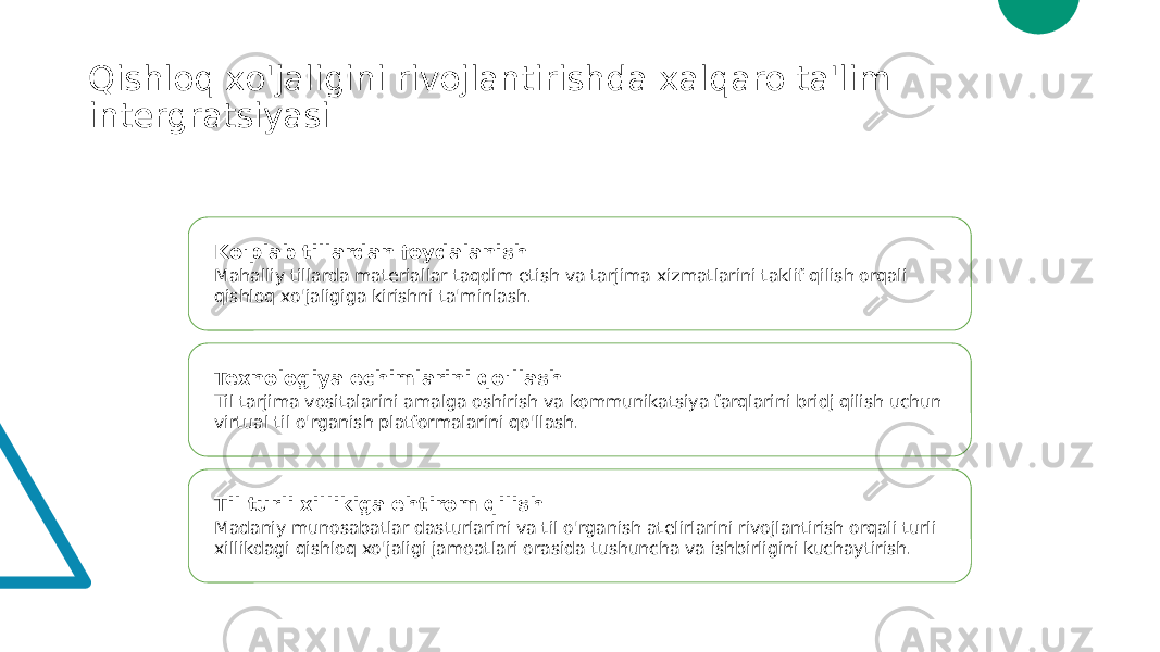 Qishloq xo&#39;jaligini rivojlantirishda xalqaro ta&#39;lim intergratsiyasi Ko&#39;plab tillardan foydalanish Mahalliy tillarda materiallar taqdim etish va tarjima xizmatlarini taklif qilish orqali qishloq xo&#39;jaligiga kirishni ta&#39;minlash. Texnologiya echimlarini qo&#39;llash Til tarjima vositalarini amalga oshirish va kommunikatsiya farqlarini bridj qilish uchun virtual til o&#39;rganish platformalarini qo&#39;llash. Til turli xillikiga ehtirom qilish Madaniy munosabatlar dasturlarini va til o&#39;rganish atelirlarini rivojlantirish orqali turli xillikdagi qishloq xo&#39;jaligi jamoatlari orasida tushuncha va ishbirligini kuchaytirish. 