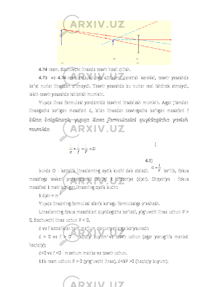 4.24-rasm. Sochuvchi linzada tasvir hosil qilish. 4.23- va 4.24-rasmlarda shunga e’tiborni qaratish kerakki, tasvir yasashda ba’zi nurlar linzadan o‘tmaydi. Tasvir yasashda bu nurlar real ishtirok etmaydi, lekin tasvir yasashda ishlatish mumkin. Yupqa linza formulasi yordamida tasvirni hisoblash mumkin. Agar jismdan linzagacha bo‘lgan masofani d , bilan linzadan tasvirgacha bo‘lgan masofani f bilan belgilasak, yupqa linza formulasini quyidagicha yozish mumkinD F f d    1 1 1 ( 4.9) bunda D - kattalik linzalarning optik kuchi deb ataladi. F D 1  bo‘lib, fokus masofaga teskari proporsional. Birligi 1 dioptriya (dptr). Dioptriya - fokus masofasi 1 metr bo‘lgan linzaning optik kuchi: 1 dptr = m -1 Yupqa linzaning formulasi sferik ko‘zgu formulasiga o‘xshash. Linzalarning fokus masofalari quyidagicha bo‘ladi, yig‘uvchi linza uchun F > 0 , Sochuvchi linza uchun F < 0 , d va f kattaliklar ham ma’lum qonuniyatlarga bo‘ysunadi: d > 0 va f > 0 - haqiqiy buyum va tasvir uchun (agar yorug‘lik manbai haqiqiy); d<0 va f <0 - mavhum manba va tasvir uchun. 115-rasm uchun: F > 0 (yig‘uvchi linza), d=3F >0 (haqiqiy buyum). 