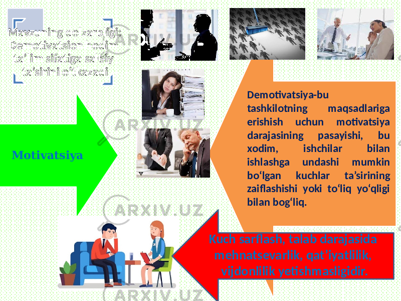 Motivatsiya Demotivatsiya-bu tashkilotning maqsadlariga erishish uchun motivatsiya darajasining pasayishi, bu xodim, ishchilar bilan ishlashga undashi mumkin bo‘lgan kuchlar ta’sirining zaiflashishi yoki to‘liq yo‘qligi bilan bog‘liq. Kuch sarflash, talab darajasida mehnatsevarlik, qat’iyatlilik, vijdonlilik yetishmasligidir. Mavzuning dolzarbligi: Demotivatsion hodim ta’lim sifatiga salbiy ta’sirini o‘tkazadi 