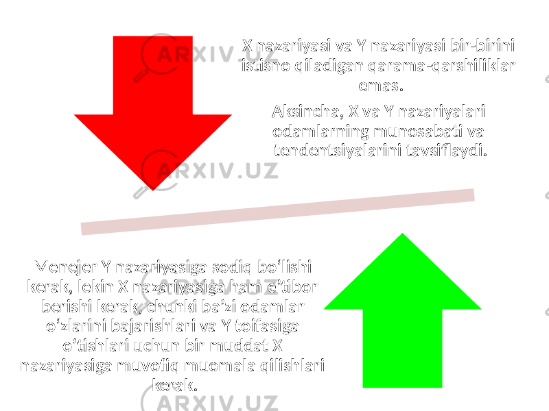 X nazariyasi va Y nazariyasi bir-birini istisno qiladigan qarama-qarshiliklar emas. Aksincha, X va Y nazariyalari odamlarning munosabati va tendentsiyalarini tavsiflaydi. Menejer Y nazariyasiga sodiq bo‘lishi kerak, lekin X nazariyasiga ham e’tibor berishi kerak, chunki ba’zi odamlar o‘zlarini bajarishlari va Y toifasiga o‘tishlari uchun bir muddat X nazariyasiga muvofiq muomala qilishlari kerak. 