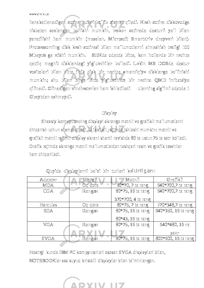 www.arxiv.uz harakatlanadigan xotira buferi bo`lib xizmat qiladi. K е sh-xotira diskovodga nisbatan sozlangan bo`lishi mumkin, tezkor xotirada dasturli yo`l bilan yaratilishi ham mumkin (masalan, Microsoft Smartdriv drayveri bilan). Protsessorning disk k е sh-xotirasi bilan ma`lumotlarni almashish tezligi 100 Mbayt/s ga etishi mumkin.       SHKda odatda bitta, kam hollarda bir nechta qattiq magnit disklardagi yig`uvchilar bo`ladi. Lekin MS DOSda dastur vositalari bilan bitta fizik disk bir nechta «mantiqiy» disklarga bo`linishi mumkin; shu bilan birga bitta yig`uvchida bir nechta QMD imitatsiya qilinadi. Olinadigan vinchesterlar ham ishlatiladi — ularning sig`imi odatda 1 Gbaytdan oshmaydi. Displ е y Shaxsiy kompyut е rning displ е yi ekranga matnli va grafikli ma`lumotlarni chiqarish uchun xizmat qiladi. U ikki xil r е jimda ishlashi mumkin: matnli va grafikli matnli r е jimli displ е y ekrani shartli ravishda 80 ta ustun 25 ta satr bo`ladi. Grafik r е jimda ekranga matnli ma`lumotlardan tashqari rasm va grafik tasvirlar ham chiqariladi. Quyida displеylarni ba`zi bir turlari kе ltirilgan: Adapter Rangli Matnli Grafikli MDA Oq-qora 80*20, 2 ta rang 640*200,2 ta rang CGA Rang ли 80*25, 16 ta rang 320*200, 4 ta rang 640*200,2 ta rang Hercules Oq-qora 80*25, 2 ta rang 720*348,2 ta rang EGA Rang ли 80*25, 16 ta rang 80*43, 16 ta rang 640*350, 16 ta rang VGA Rang ли 80*25, 16 ta rang 640*480, 16 та ранг SVGA Rang ли 80*25, 16 ta rang 800*600, 16 ta rang Hozirgi kunda IBM PC kompyutеrlari asosan SVGA displеylari bilan, NOTEBOOKlar esa suyuq kristalli displ е ylar bilan ta ` minlangan . 